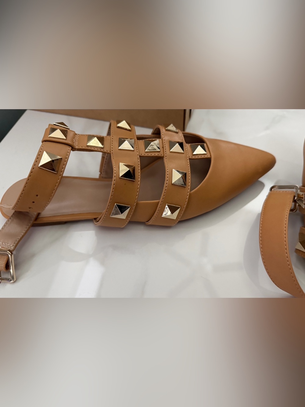 Mix No. 6 India Stud Flat - Studded Pointed Flat Sandals Camel Gold hardware NWT